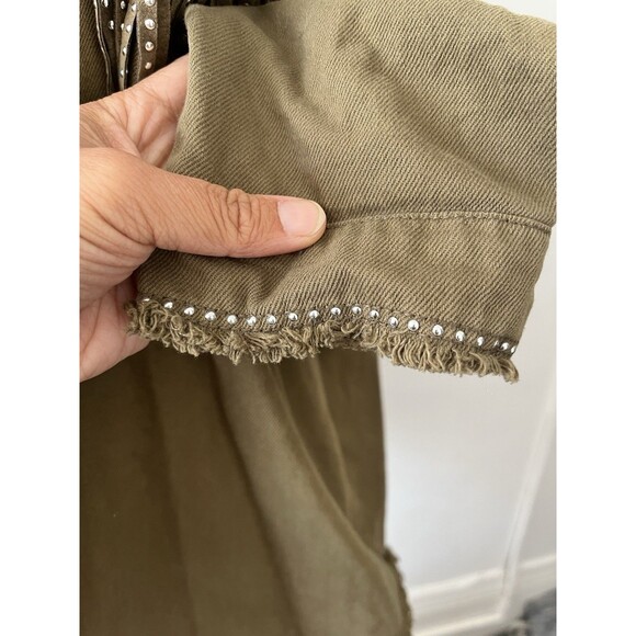 Zara Olive Green Cotton Fringe Trim Studded Snap Button Western Jacket Size Lg - Picture 5 of 9